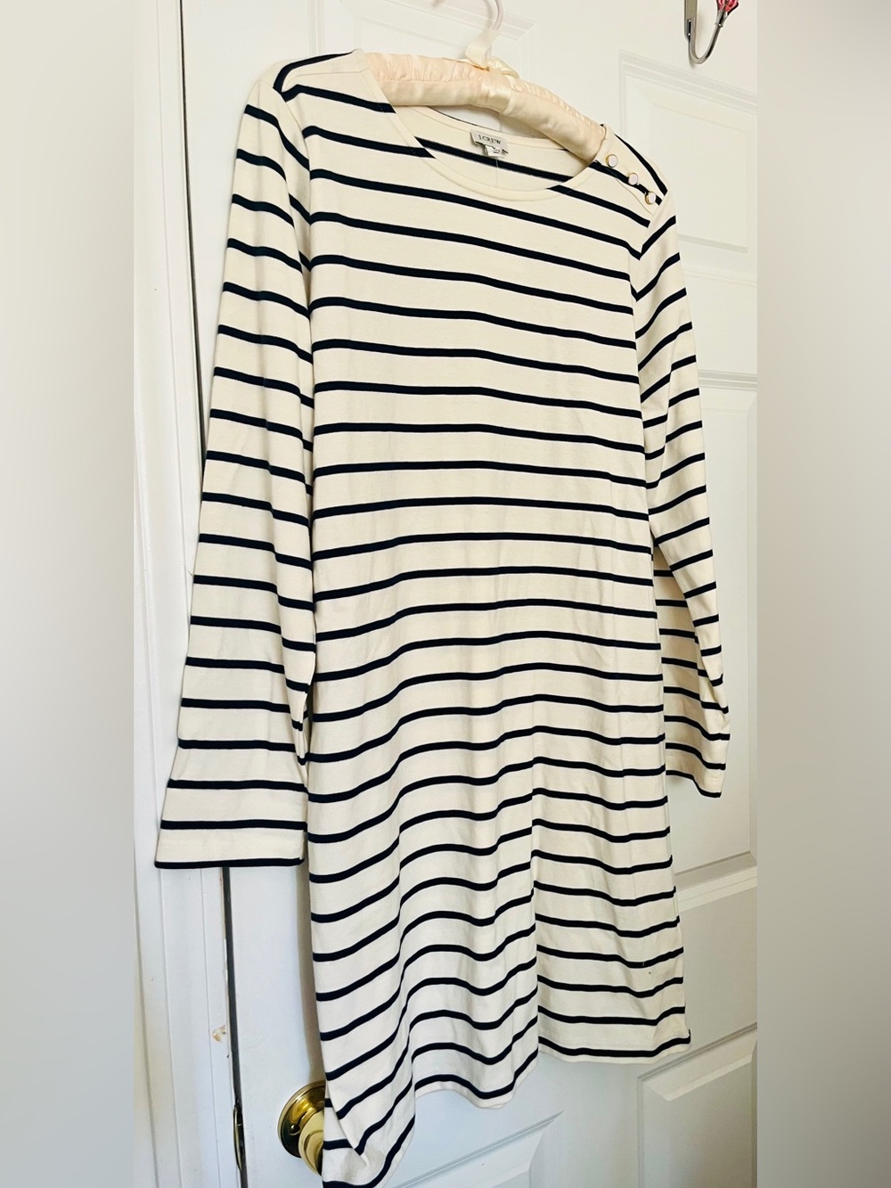 NWT J. Crew Factory Cream and Navy Striped Long Sleeve Boatneck Dress Buttons